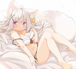 Rule 34 | 1girl, ahoge, animal ear fluff, animal ears, bare arms, bare legs, bare shoulders, barefoot, bed sheet, bell, blush, bow, bow bra, bow panties, bra, breasts, cleavage, closed mouth, commentary request, hair bell, hair ornament, hairclip, highres, jingle bell, long hair, looking at viewer, lying, medium breasts, minato yu (0514), navel, on back, original, panties, purple eyes, solo, strap slip, underwear, underwear only, very long hair, white bra, white hair, white panties, x hair ornament