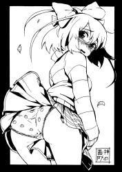 Rule 34 | 1girl, ass, blush, borrowed character, bow, camila (stalking pantsu), eudetenis, food print, greyscale, hair bow, highres, looking at viewer, looking back, monochrome, nib pen (medium), nose blush, original, panties, pantyshot, pleated skirt, print panties, short hair, signature, skirt, solo, strawberry print, striped clothes, striped sweater, sweater, tears, traditional media, underwear, upskirt, wavy mouth, wind, wind lift