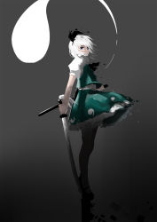 Rule 34 | 1girl, ascot, black footwear, black pantyhose, blue eyes, full body, green skirt, green vest, grey background, hairband, highres, holding, holding sword, holding weapon, katana, konpaku youmu, konpaku youmu (ghost), looking at viewer, mary janes, no mouth, pantyhose, puffy short sleeves, puffy sleeves, scabbard, sheath, shirt, shoes, short sleeves, silver hair, simple background, sketch, skirt, solo, sword, touhou, ttc, vest, weapon, white shirt, wind