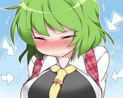 Rule 34 | 1girl, arrow (symbol), ascot, between breasts, blush, breasts, commentary request, embarrassed, closed eyes, full-face blush, green hair, hammer (sunset beach), kazami yuuka, large breasts, pink background, plaid, plaid vest, short hair, solo, touhou, trembling, upper body, vest, wavy mouth