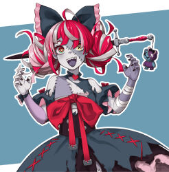 Rule 34 | 1girl, ahoge, bandaged arm, bandages, black nails, bow, colored skin, commentary request, crazy smile, double bun, dress, eyebrows hidden by hair, fangs, flat chest, green eyes, grey hair, grey skin, hair bow, hair bun, heterochromia, highres, hololive, hololive indonesia, kureiji ollie, mismatched pupils, multicolored hair, object through head, open mouth, patchwork skin, puffy short sleeves, puffy sleeves, red hair, short sleeves, smile, solo, stitched face, stitched torso, stitches, sword in head, tenbin gashira, torn clothes, torn dress, udin (kureiji ollie), upper body, virtual youtuber, yellow eyes
