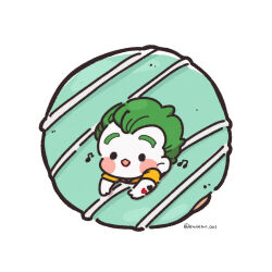 Rule 34 | 1boy, :3, arm tattoo, blush stickers, chibi, dc comics, doughnut, food, green hair, hair slicked back, highres, in food, male focus, moesaku6, musical note, open mouth, short sleeves, smile, solid circle eyes, solo, tattoo, the joker