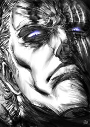 Rule 34 | 1boy, artist name, cheekbones, closed mouth, eye focus, glowing, glowing eyes, greyscale, hair slicked back, highres, king (one-punch man), lips, looking at viewer, male focus, manly, monochrome, one-punch man, scar, scar across eye, scar on face, serious, solo, spot color, the golden smurf, v-shaped eyebrows