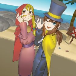 Rule 34 | :p, a hat in time, beach, blonde hair, blue eyes, brown hair, cape, closed mouth, commentary, dress, facial hair, hat, hat kid, hood, long hair, looking at viewer, mi8pq, multiple girls, mustache, mustache girl, open mouth, sidelocks, smile, tongue, tongue out, top hat