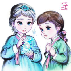 Rule 34 | 2girls, anna (frozen), blue dress, blue eyes, brown hair, child, disney, dress, elsa (frozen), frozen (disney), green dress, hair pulled back, hair ribbon, hanbok, historical, ipad, korean clothes, korean text, magic, magical girl, multiple girls, nayoung wooh, own hands together, pink ribbon, princess, ribbon, siblings, signature, sisters, snow, snowball, tablet pc, tiara, traditional clothes, white background, white hair