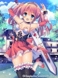 Rule 34 | 1girl, :d, bad id, bad pixiv id, holding behind back, black thighhighs, blue eyes, blue sky, blush, boots, breasts, building, cloud, crown, day, detached sleeves, frilled thighhighs, frills, gem, glint, highres, holding, holding sword, holding weapon, house, huge weapon, lyric (hina9111), official art, open mouth, panties, pantyshot, pink hair, priget plus, red gemstone, round teeth, skirt, sky, small breasts, smile, sword, teeth, thighhighs, twintails, underwear, weapon, white panties