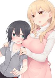 Rule 34 | 10s, 1boy, 1girl, :d, age difference, apron, bad id, bad pixiv id, black hair, blonde hair, blush, breast press, breasts, green eyes, hands on another&#039;s shoulders, hood, hoodie, large breasts, nekoume, open mouth, ribbed sweater, shiina aki, short sleeves, simple background, smile, sunohara ayaka, sunoharasou no kanrinin-san, sweater, turtleneck, white background, yellow eyes