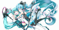 Rule 34 | 2girls, absurdly long hair, aqua hair, back cutout, bare shoulders, beamed eighth notes, black bow, black dress, black skirt, bow, bowtie, cable, clothing cutout, commentary, detached sleeves, dress, dual persona, frilled skirt, frills, gloves, hair bow, hair ornament, hatsune miku, headphones, high heels, holding, holding microphone stand, holding wand, index finger raised, leg up, long hair, magical mirai (vocaloid), magical mirai miku, magical mirai miku (2016), magical mirai miku (2017), microphone, microphone stand, microphone wand, minami mofuko, multiple girls, musical note, musical note print, one eye closed, open mouth, outstretched arms, plaid neckwear, shirt, skirt, smile, twintails, very long hair, vocaloid, wand, white background, white gloves, white shirt, white sleeves, wings