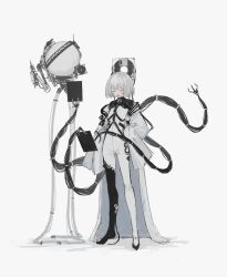 Rule 34 | 1girl, absurdres, black bodysuit, bodysuit, closed eyes, cyborg, extra arms, full body, highres, jacket, mechanical arms, mechanical parts, open mouth, original, robot, science fiction, short hair, simple background, solo, standing, susudust, white background, white bodysuit, white jacket