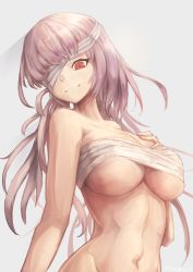 Rule 34 | 1girl, bad id, bad pixiv id, bandage over one eye, bandages, breasts, budget sarashi, fate/grand order, fate (series), florence nightingale (fate), florence nightingale (third ascension) (fate), highres, kunugimaru p, large breasts, long hair, looking at viewer, pink hair, red eyes, sarashi, smile, solo, upper body