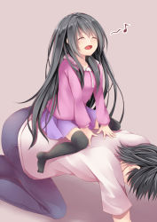 Rule 34 | 1boy, 1girl, :d, ^ ^, all fours, between legs, black hair, black thighhighs, blue pants, brown background, child, closed eyes, commentary request, creek (moon-sky), drawstring, eighth note, facing viewer, grey shirt, hair between eyes, hand between legs, highres, hood, hood down, hoodie, long hair, musical note, no shoes, open mouth, original, pants, pink hoodie, pleated skirt, purple skirt, riding, shirt, short sleeves, simple background, skirt, smile, solo focus, thighhighs, very long hair