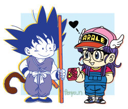 Rule 34 | 1boy, 1girl, baseball cap, black-framed eyewear, black footwear, black hair, blue background, blue eyes, blue footwear, box, box of chocolates, candy, character name, child, chocolate, clothes writing, collarbone, commentary request, creator connection, crossover, dougi, dr. slump, dragon ball, dragon ball (classic), eyelashes, fenyon, fingernails, food, full body, glasses, hair between eyes, hand in pocket, hand on own hip, happy, hat, heart, holding, holding box, holding food, legs together, long hair, looking at another, monkey tail, norimaki arale, ruyi jingu bang, overalls, parted lips, purple hair, red shirt, semi-rimless eyewear, shirt, shoes, short sleeves, simple background, smile, sneakers, son goku, spiked hair, square, standing, straight hair, tail, twitter username, white background, winged hat