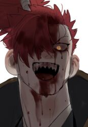 Rule 34 | 1boy, :d, blood, blood on face, crazy smile, fate/grand order, fate (series), hair over one eye, high ponytail, knbn 0728, male focus, mori nagayoshi (fate), open mouth, portrait, sharp teeth, smile, solo, teeth, yellow eyes