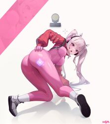 Rule 34 | 1girl, absurdres, alice (nikke), animal ear headphones, animal ears, ass, back, bent over, blush, bodysuit, breasts, cropped jacket, enoch (enoch1368), fake animal ears, from behind, gloves, goddess of victory: nikke, grey hair, headphones, highres, impossible bodysuit, impossible clothes, jacket, latex, latex bodysuit, long hair, looking at viewer, looking back, medium breasts, multicolored clothes, multicolored gloves, open mouth, pink bodysuit, pink eyes, pink gloves, pink headphones, red jacket, revision, shoes, shrug (clothing), sidelocks, skin tight, sneakers, solo, twintails, two-tone gloves, white footwear, white gloves