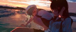 Rule 34 | 2girls, absurdres, blurry, blurry background, character request, closed eyes, feet in water, highres, multiple girls, shirt, sitting, squatting, tacshojosora, water, waves, wet, white shirt