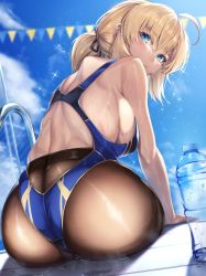 Rule 34 | 1girl, :o, ahoge, artoria pendragon (all), artoria pendragon (fate), artoria pendragon (swimsuit archer) (fate), ass, blonde hair, blue eyes, blue one-piece swimsuit, blue sky, bottle, breasts, cloud, competition swimsuit, eyebrows, fate/grand order, fate (series), festival, flat color, highres, hirasawa seiji, large breasts, looking at viewer, looking back, one-piece swimsuit, pantyhose, pantyhose under swimsuit, pool ladder, saber (fate), shiny skin, sitting, sky, swimsuit, water bottle