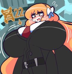 Rule 34 | 1girl, belt, black shirt, breasts, bursting breasts, eyelashes, female focus, freckles, gensin, gigantic breasts, heavy breathing, ishmael (project moon), limbus company, long hair, motion lines, necktie, open mouth, orange eyes, orange hair, pale skin, project moon, ribbon, shirt, skin tight, solo, taut clothes, upper body, very long hair, white ribbon, white shirt