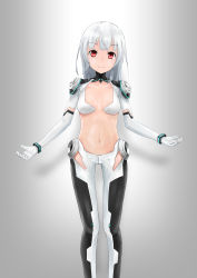Rule 34 | 1girl, absurdres, armor, arms at sides, bad id, bad pixiv id, blunt bangs, blush, bodysuit, bracelet, breasts, center opening, cleavage, closed mouth, elbow gloves, eyebrows, faulds, gloves, grey background, highres, jewelry, leggings, legs apart, midriff, navel, original, osanzi, red eyes, revealing clothes, short hair, short sleeves, shoulder pads, silver hair, simple background, small breasts, smile, solo, standing, stomach, tareme, thigh gap, white gloves
