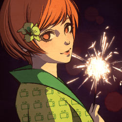 Rule 34 | 1girl, brown eyes, closed mouth, flower, from side, green flower, green kimono, hair flower, hair ornament, japanese clothes, kimono, lens flare, looking at viewer, moshimoshibe, orange hair, persona, persona 4, portrait, print kimono, satonaka chie, short hair, smile, solo, swept bangs, television print