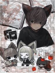 &gt;_&lt; :d abstract_background amane_misa animal_ears apple apple_on_head black_eyes blonde_hair blunt_bangs brown_hair cat_boy cat_ears cat_girl cat_tail chibi colored_skin cross cross_necklace death_note death_note_(object) food fruit highres jewelry kinutaku necklace open_mouth smile star_(symbol) striped_sleeves tail white_skin yagami_light