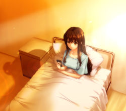 Rule 34 | 10s, 1girl, bed, brown eyes, brown hair, cellphone, evening, fate/extra, fate/extra ccc, fate (series), hospital gown, kishinami hakuno (female), lens flare, long hair, pesu (penpen), phone, pillow, sitting, smartphone, solo, twilight, under covers