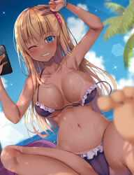 Rule 34 | 1girl, absurdres, armpits, arms up, bikini, blonde hair, blue eyes, blurry, blurry background, blush, breasts, cameltoe, covered navel, frilled bikini, frills, hair ornament, hair scrunchie, highres, holding, holding phone, large breasts, looking at viewer, mori airi, one eye closed, original, palm tree, phone, purple bikini, scrunchie, side ponytail, sitting, smile, solo, spread legs, sweatdrop, swimsuit, tan, tanline, teeth, tree, v, wardrobe malfunction