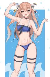 Rule 34 | 1girl, :d, bare shoulders, barefoot, bikini, black choker, black neckerchief, blue bikini, breasts, bridal garter, brown eyes, choker, cleavage, collarbone, commission, gluteal fold, hair between eyes, hair ornament, highres, johnston (kancolle), kantai collection, legs, light brown hair, long hair, looking at viewer, medium breasts, navel, neckerchief, official alternate costume, open mouth, outie navel, pendant choker, saato, sailor bikini, sailor collar, skeb commission, smile, solo, swimsuit, two side up, w arms