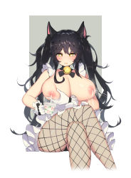 Rule 34 | 1girl, apron, bell, black hair, black panties, breast hold, breasts, breasts out, character request, commission, crossed legs, cup, elsword, fishnet pantyhose, fishnets, frilled apron, frilled gloves, frills, gloves, heart, heart-shaped pupils, highres, holding, holding cup, jingle bell, lactating into container, lactation, large breasts, long hair, looking at viewer, nipples, open mouth, panties, pantyhose, pepper0, shiny skin, simple background, solo, symbol-shaped pupils, twintails, underwear, very long hair, wavy hair, white apron, white background, white gloves, yellow eyes