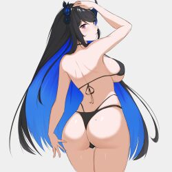 Rule 34 | 1girl, arm up, ass, ass focus, back, bikini, black bikini, black hair, blue hair, breasts, colored inner hair, demon horns, from behind, hololive, hololive english, horns, large breasts, long hair, looking at viewer, looking back, multicolored hair, nerissa ravencroft, red eyes, sideboob, simple background, solo, swimsuit, thighs, thong, two-tone hair, very long hair, virtual youtuber, white background, zeropen