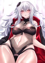 Rule 34 | 1girl, azur lane, bare arms, bare shoulders, black coat, blush, breasts, cleavage, coat, collarbone, covered erect nipples, cowboy shot, female focus, fur trim, graf zeppelin (azur lane), graf zeppelin (beachside urd) (azur lane), hair between eyes, hair ornament, highres, keishi surota, large breasts, long hair, looking at viewer, navel, official alternate costume, parted lips, red eyes, see-through, silver hair, solo, swimsuit