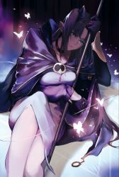 Rule 34 | 1girl, bad id, bad pixiv id, blue eyes, blue ribbon, bug, butterfly, cape, dress, fate/stay night, fate (series), gloves, grey dress, hair ribbon, half gloves, highres, holding, holding staff, insect, jewelry, long hair, looking at viewer, medea (fate), pointy ears, purple cape, purple gloves, purple hair, reroi, ribbon, ring, short dress, sitting, smile, solo, staff