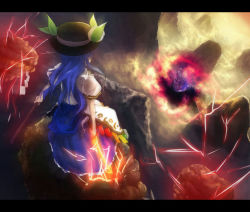 Rule 34 | 2girls, back, black hat, blue hair, cloud, dual wielding, dutch angle, electricity, female focus, fighting stance, fire, flying nimbus, food, from above, from behind, fruit, hat, hat ribbon, hinanawi tenshi, holding, holding weapon, ibuki suika, leaf, letterboxed, long hair, looking down, mountain, multiple girls, outdoors, patchouli knowledge, peach, puffy short sleeves, puffy sleeves, rainbow order, ribbon, shide, shirt, short sleeves, skirt, sky, standing, sword, sword of hisou, touhou, weapon, white shirt, yukimichi (artist), yukimichi (yki)