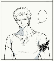 Rule 34 | 1boy, arms at sides, bandana around arm, blank speech bubble, closed mouth, collarbone, earrings, greyscale, jewelry, male focus, monochrome, one piece, roronoa zoro, short hair, short sleeves, solo, speech bubble, thought bubble, tong noe, unamused, upper body