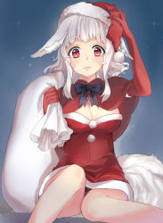 Rule 34 | 1girl, albino, animal ears, black bow, black bowtie, blunt bangs, blush, bow, bowtie, breasts, capelet, carrying over shoulder, christmas, cleavage, closed mouth, cross, dress, eyebrows, fur trim, gloves, grey hair, hand on headwear, hat, holding, jewelry, large breasts, light smile, long hair, original, pendant, pom pom (clothes), red dress, red eyes, red gloves, red hat, sack, santa costume, santa hat, shimako (mehr), sitting, solo, tail, white background
