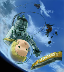 Rule 34 | 1girl, astronaut, blonde hair, candy, candy bar, crossover, day, food, jehuty, konami, metal gear (series), metal gear solid, metal gear solid 3: snake eater, parody, planetes, sky, the boss, zone of the enders