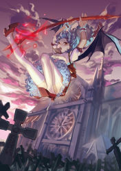 Rule 34 | 1girl, arms up, bat wings, blue hair, cross, dress, frills, full body, garter straps, hat, unworn hat, unworn headwear, high heels, highres, liyou-ryon, looking at viewer, mob cap, open mouth, outstretched leg, puffy sleeves, red eyes, remilia scarlet, short sleeves, solo, spear the gungnir, thighhighs, touhou, white hair, wings, wrist cuffs