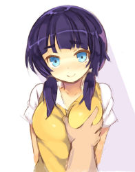 Rule 34 | 1boy, 1girl, blue eyes, blush, grabbing another&#039;s breast, breasts, closed mouth, collarbone, grabbing, head tilt, hetero, kurasuke, long hair, looking at viewer, low twintails, medium breasts, original, out of frame, purple hair, shirt, short sleeves, smile, solo focus, sweater vest, twintails, white background, white shirt