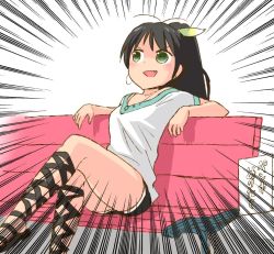 Rule 34 | &gt;:), 1girl, abekawa, ankle lace-up, antenna hair, bench, black hair, blush, cross-laced footwear, emphasis lines, fang, ganaha hibiki, gladiator sandals, green eyes, idolmaster, idolmaster (classic), crossed legs, long hair, open mouth, ponytail, sandals, shorts, sitting, solo, text focus, translated, v-shaped eyebrows