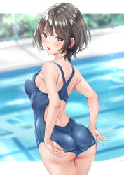 Rule 34 | 1girl, :o, adjusting clothes, adjusting swimsuit, armpit crease, ass, back, back cutout, black eyes, blue one-piece swimsuit, blurry, blurry background, blush, border, breasts, brown hair, clothing cutout, commentary request, competition swimsuit, cowboy shot, double-parted bangs, from behind, highleg, highleg swimsuit, highres, light blush, looking at viewer, looking back, one-piece swimsuit, open mouth, original, outdoors, pool, short hair, small breasts, solo, swimsuit, teeth, upper teeth only, water, wet, wet clothes, wet swimsuit, white border, wing (aiastor)