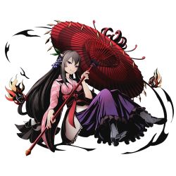 Rule 34 | 10s, 1girl, amaterasu (road to dragon), black hair, bow, divine gate, full body, hair ornament, high heels, holding, holding umbrella, japanese clothes, kimono, long hair, long skirt, looking at viewer, low-tied long hair, official art, oil-paper umbrella, purple eyes, purple skirt, red bow, road to dragons, shadow, skirt, smile, solo, transparent background, ucmm, umbrella, very long hair