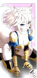 Rule 34 | 1girl, absurdres, animal ear fluff, animal ears, animal nose, armor, bikini armor, blue eyes, body fur, breasts, cleavage, closed mouth, dinah (unicorn overlord), fox ears, fox girl, fox tail, furry, furry female, gauntlets, gold armor, hair between eyes, highres, kneeling, large tail, makoto x, medium breasts, short hair, smile, snout, solo, tail, tail raised, unicorn overlord, white fur, white hair, white tail