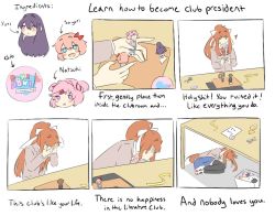 Rule 34 | 4girls, :t, black legwear, blue eyes, brown hair, comic, covering face, despair, doki doki literature club, english text, fetal position, hair intakes, hair ribbon, how to make sushi (meme), kazeki (kechuppika), long hair, lying, meme, monika (doki doki literature club), multiple girls, natsuki (doki doki literature club), on side, pink eyes, pink hair, ponytail, pout, profanity, purple eyes, purple hair, ribbon, sayori (doki doki literature club), school uniform, scissors, shoes, skirt, smile, spoilers, ^^^, sweatdrop, table, thighhighs, trash can, uwabaki, yuri (doki doki literature club)