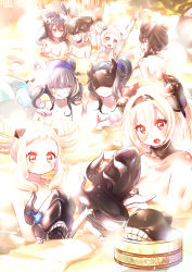 Rule 34 | 10s, 6+girls, abyssal ship, air defense princess, airfield princess, alternate hairstyle, anchorage water oni, bad id, bad pixiv id, black hair, blue eyes, blush, breasts, colored skin, destroyer water oni, double bun, hair up, hairband, horns, juurouta, kantai collection, large breasts, light cruiser princess, long hair, mask, multiple girls, northern ocean princess, nude, onsen, open mouth, pale skin, partially submerged, pt imp group, red eyes, seaplane tender princess, smile, steam, white hair, white skin