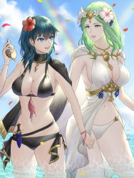 Rule 34 | 1girl, 2girls, :d, bikini, black bikini, black cape, black vs white, blue eyes, blue hair, blue sky, breasts, byleth (female) (fire emblem), byleth (female) (summer) (fire emblem), byleth (fire emblem), cape, cleavage, cloud, collarbone, commentary request, cowboy shot, dagger, day, female focus, fire emblem, fire emblem: three houses, fire emblem heroes, flower, green eyes, green hair, hair between eyes, hair flower, hair ornament, holding, holding shell, jewelry, knife, large breasts, long hair, looking at another, matching hair/eyes, medium hair, midriff, multiple girls, navel, necklace, nintendo, ocean, official alternate costume, open mouth, petals, petals on liquid, rainbow, rhea (fire emblem), ribbon, ripples, sheath, sheathed, shell, sidelocks, single bare shoulder, sky, smile, standing, swimsuit, tiara, uni (uni9248), wading, weapon, white bikini, white cape, wrist ribbon