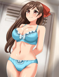 Rule 34 | 1girl, absurdres, aqua bra, aqua panties, arms behind back, bow, bow bra, bow panties, bra, breasts, brown hair, cleavage, closed mouth, commentary request, commission, cowboy shot, crotch seam, hair ribbon, highres, indoors, kantai collection, large breasts, locker, locker room, long hair, looking to the side, mamiya (kancolle), open mouth, panties, pixiv commission, red eyes, red ribbon, ribbon, smile, solo, standing, textless version, underwear, underwear only, zanntetu