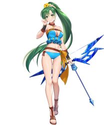 Rule 34 | 1girl, arrow (projectile), bikini, blue bikini, bow (weapon), breasts, choker, cleavage, earrings, feet, female focus, fire emblem, fire emblem: the blazing blade, fire emblem heroes, flower, full body, green eyes, green hair, hair flower, hair ornament, head tilt, hibiscus, highres, holding, holding bow (weapon), holding weapon, jewelry, long hair, lyn (fire emblem), lyn (summer) (fire emblem), matching hair/eyes, medium breasts, navel, necklace, nintendo, official alternate costume, official art, ponytail, sandals, side-tie bikini bottom, solo, standing, stomach, strapless, strapless bikini, swimsuit, teffish, toes, transparent background, very long hair, weapon