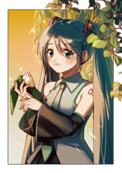 Rule 34 | 1girl, aqua hair, bare shoulders, border, careful x, crumbs, detached sleeves, dragon boat festival, eating, food, food on face, gradient background, green eyes, hair ornament, hatsune miku, highres, holding, holding food, leaf, long hair, looking at viewer, necktie, orange background, simple background, solo, twintails, vocaloid, zongzi