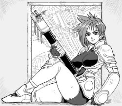 Rule 34 | 1girl, absurdres, armor, bb (baalbuddy), breasts, closed mouth, commentary, english commentary, gun, highres, holding, holding gun, holding weapon, iria (zeiram), iria zeiram the animation, large breasts, mole, mole under eye, monochrome, sitting, weapon