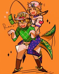 Rule 34 | &gt;:), 2boys, :d, ^ ^, absurdres, artist name, banknote, belt, belt buckle, blonde hair, boots, brown footwear, buckle, carrot on stick, closed eyes, cowboy boots, diego brando, dinosaur tail, drooling, film grain, freckles, gloves, green eyes, green shirt, hair between eyes, highres, holding, horseshoe ornament, huyandere, johnny joestar, jojo no kimyou na bouken, long sleeves, medium hair, midriff, money, motion lines, multiple boys, navel, open mouth, orange background, riding, sharp teeth, shirt, short sleeves, simple background, smile, sparkle, spurs, star (symbol), star print, steel ball run, stick, sweater, tail, tail wagging, teeth, turtleneck, twitter username, v-shaped eyebrows, white gloves, white headwear, white shirt