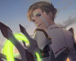 Rule 34 | 1boy, armor, asagi (banzoku210), blonde hair, blue eyes, cloud, facial mark, glowing lines, highres, holding, holding weapon, isurd (xenoblade), japanese clothes, kimono, looking at viewer, looking back, male focus, open mouth, shirt, short hair, shoulder armor, solo, sunset, twitter username, upper body, weapon, xenoblade chronicles (series), xenoblade chronicles 3